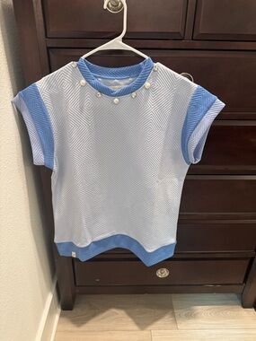 Simply Southern Light Blue Textured Top with Blue Trim and Pearl Accents